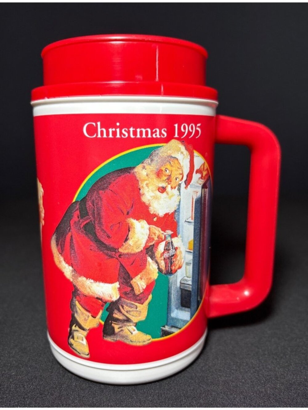 Whirley Coca-Cola Classic Christmas 1995 Sundblom Santa Plastic Mug Red Vintage - Picture 2 of 13